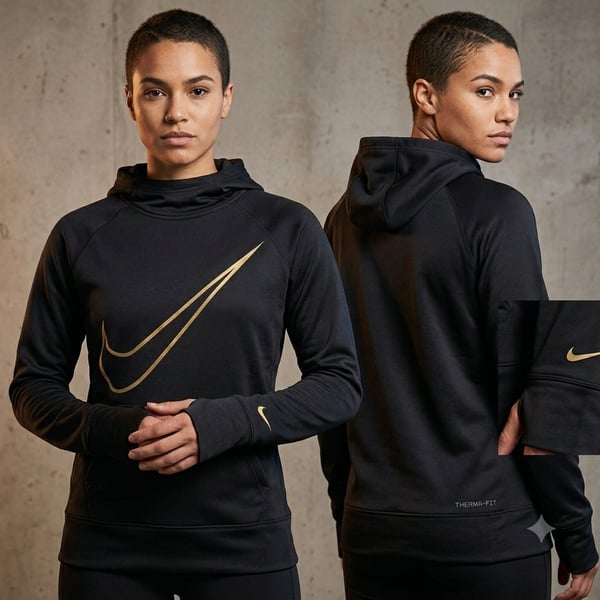 Nike Therma-FIT Black and Gold Swoosh Performance Hoodie with Thumbholes