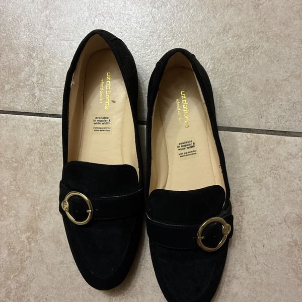 Liz Claiborne Remy Black Suede Gold Buckle Loafers