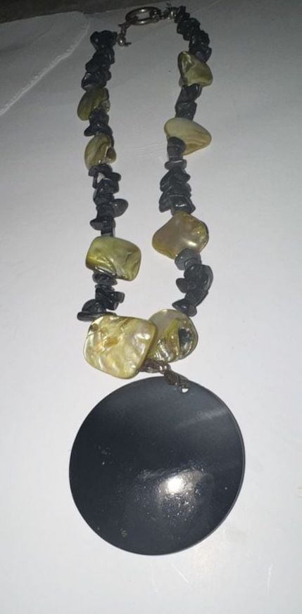Large Circular Buffalo Horn Statement Necklace with Mother of Pearl and Stone Beads 2