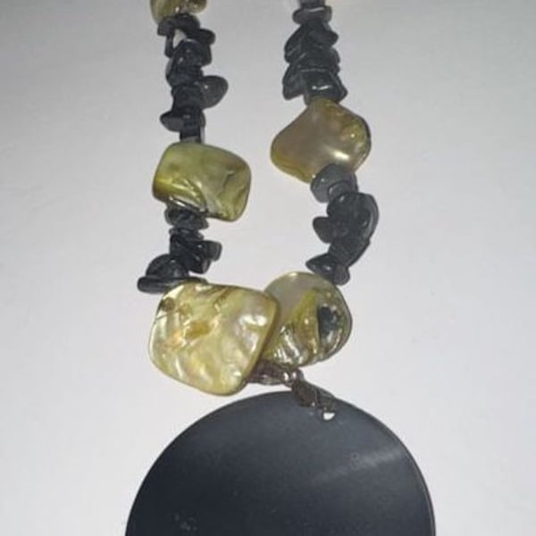 Large Circular Buffalo Horn Statement Necklace with Mother of Pearl and Stone Beads