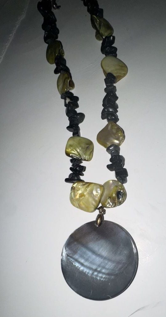 Large Circular Buffalo Horn Statement Necklace with Mother of Pearl and Stone Beads 4