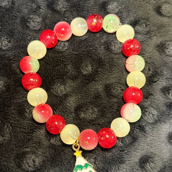 Handmade Christmas Beaded Stretch Bracelet with Enamel Christmas Tree Charm