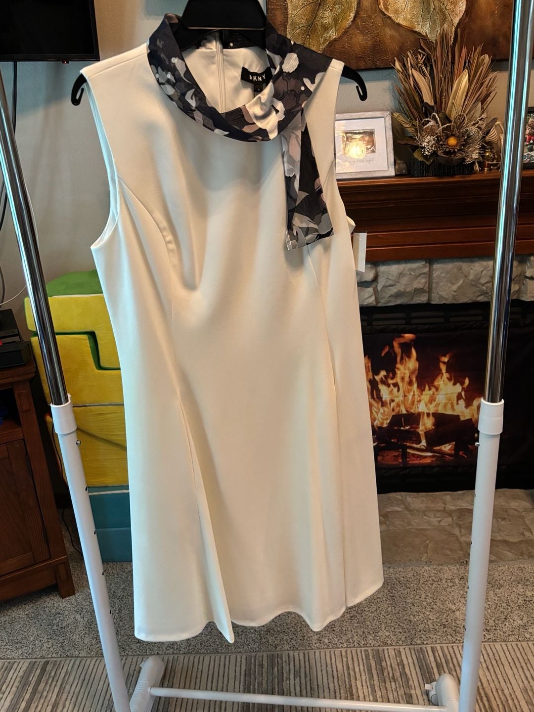 DKNY Sleeveless Fit and Flare Tie Neck Dress Iv/Blssm 2