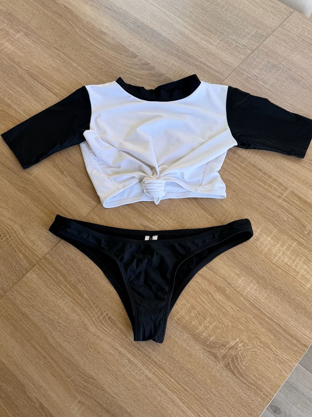 Fashion Nova Black and White Colorblock Front Tie Bikini Set 1