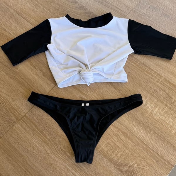 Fashion Nova Black and White Colorblock Front Tie Bikini Set