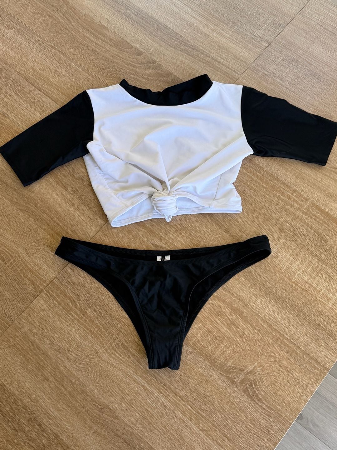 Fashion Nova Black and White Colorblock Front Tie Bikini Set 2