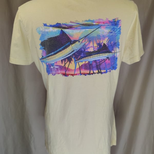 Butter Yellow, beach, fishing wear Guy Harvey Marlins Tropical Sunset Graphic Shirt, 100% cotton
