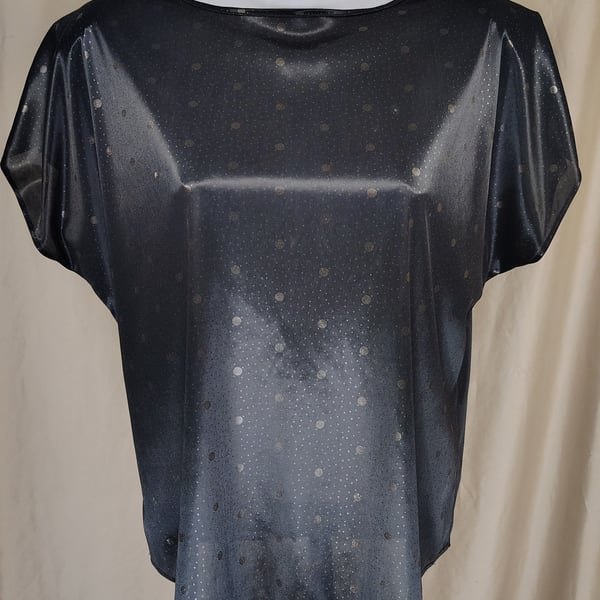 Vintage, Whimsigoth TR Bentley Black with gold Polka Dot Satin Texture Blouse, L