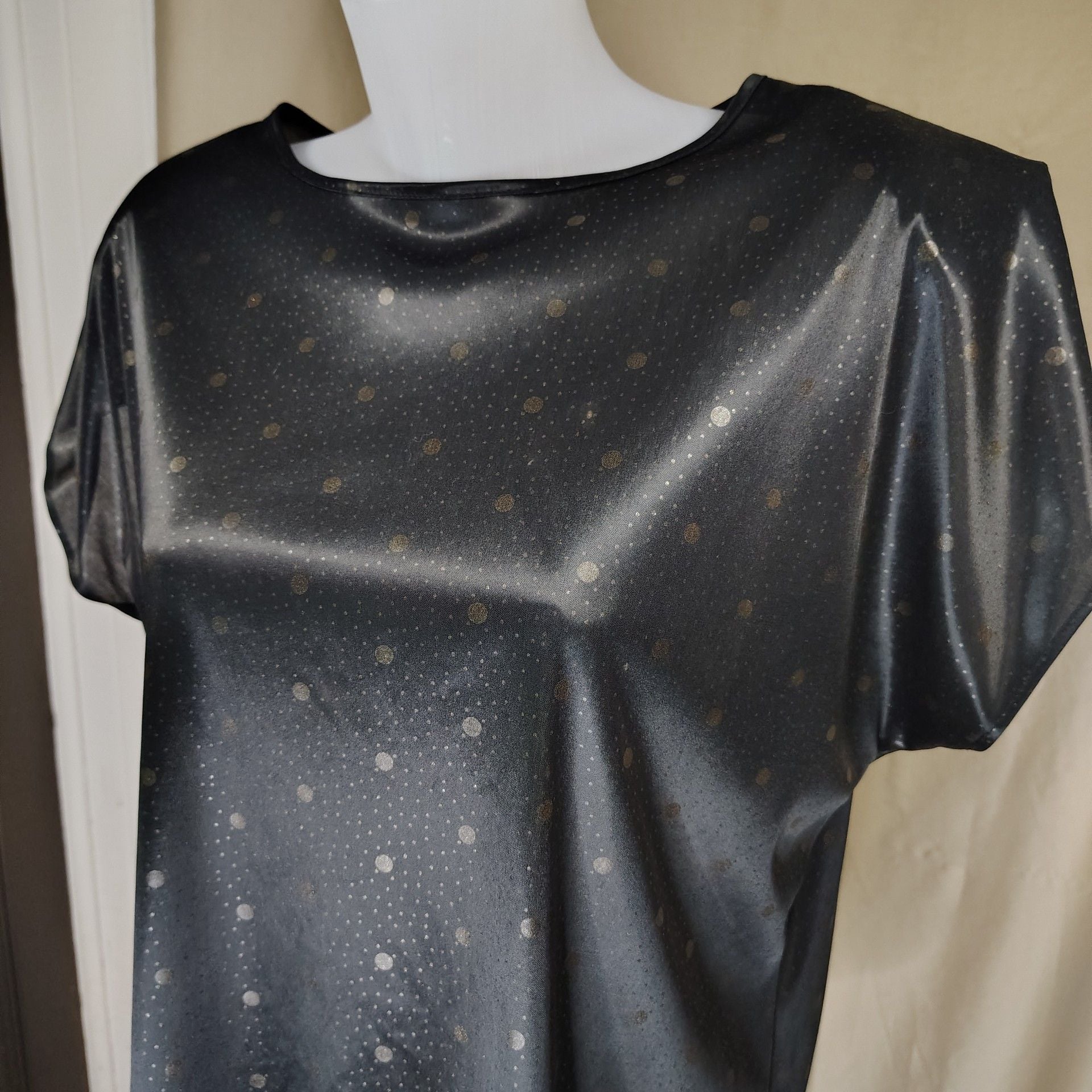 Vintage, Whimsigoth TR Bentley Black with gold Polka Dot Satin Texture Blouse, L 10