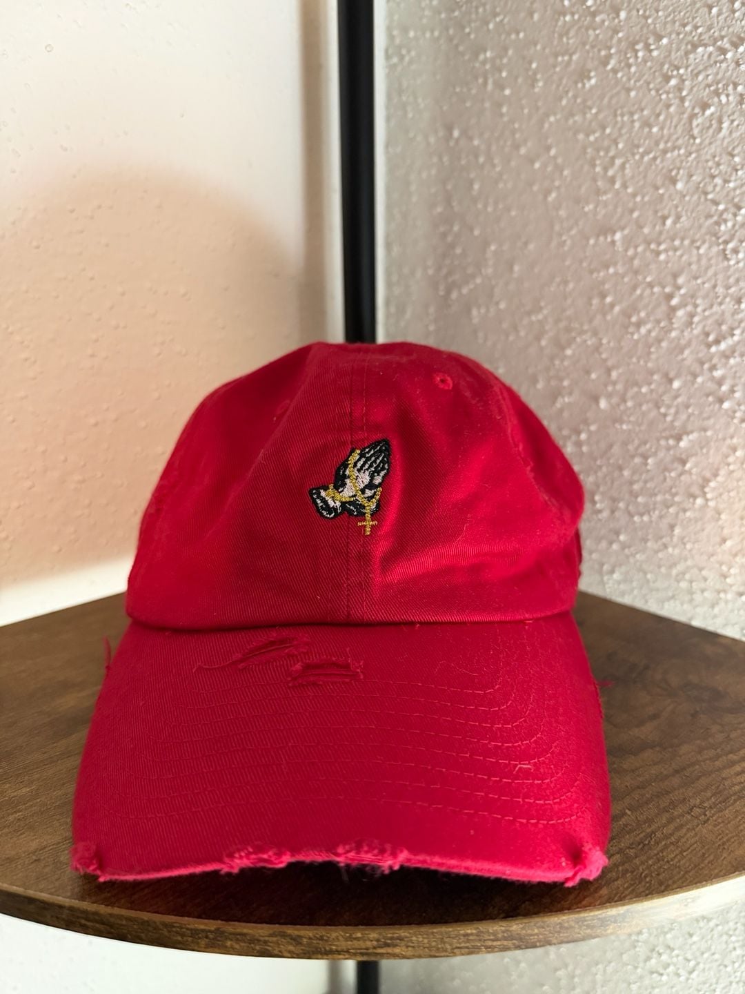 KBETHOS Red Distressed Praying Hands Rosary Dad Hat 1