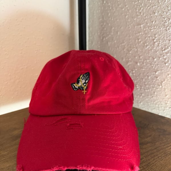 KBETHOS Red Distressed Praying Hands Rosary Dad Hat