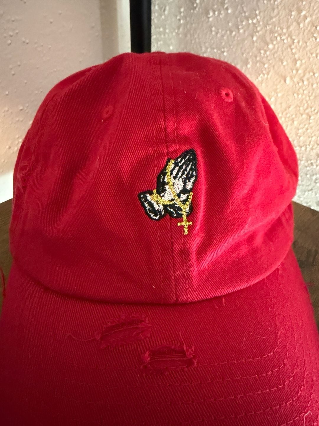 KBETHOS Red Distressed Praying Hands Rosary Dad Hat 2