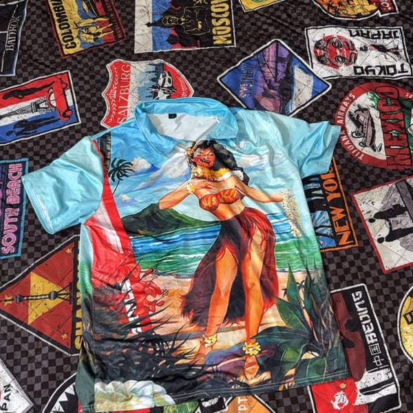 Vintage Thums Up Sportswear Tropical Pin-Up Hula Girl Hawaiian Shirt