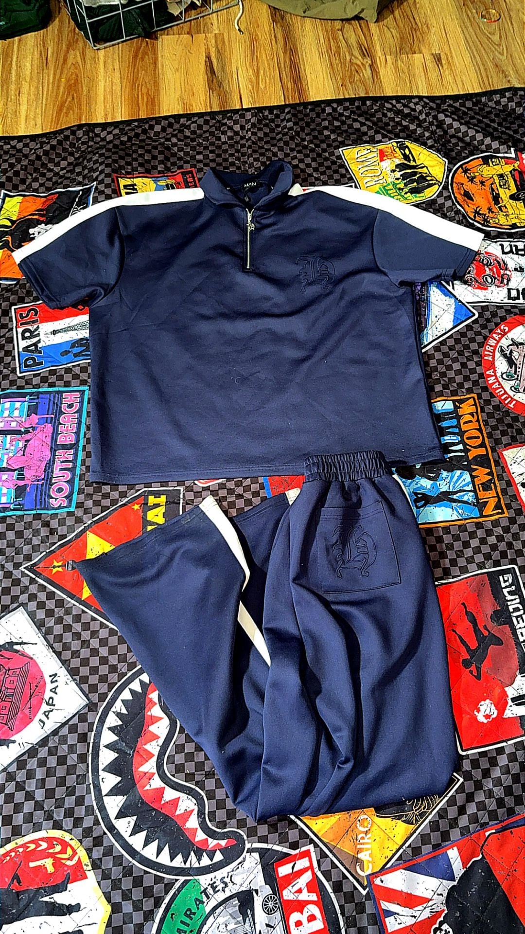 Navy Quarter Zip Short Sleeve Funnel Neck Tracksuit Set 1