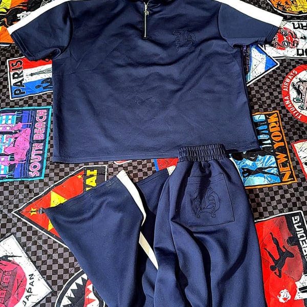 Navy Quarter Zip Short Sleeve Funnel Neck Tracksuit Set