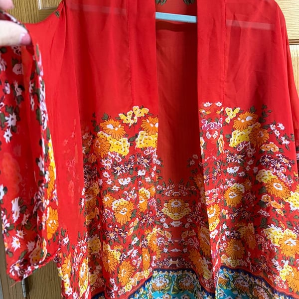 Floral Sheer Kimono Swim Cover-Up, Red, One Size — Boho Summer Style.