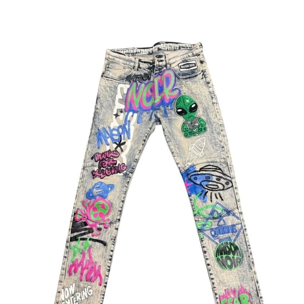 Maison Noir Acid Wash Graffiti UFO Alien Skinny Jeans