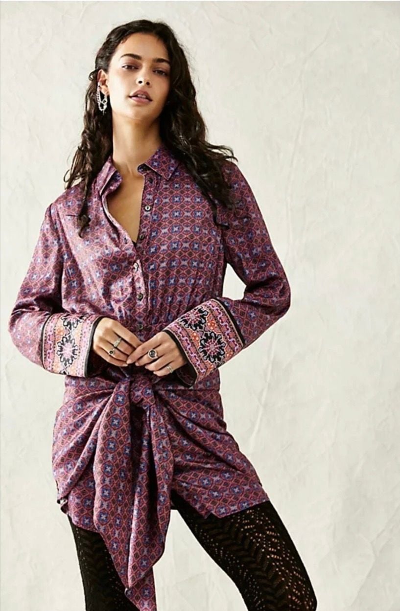 Free People Silky Rillo Shirtdress in Blackberry Tapestry Print 3