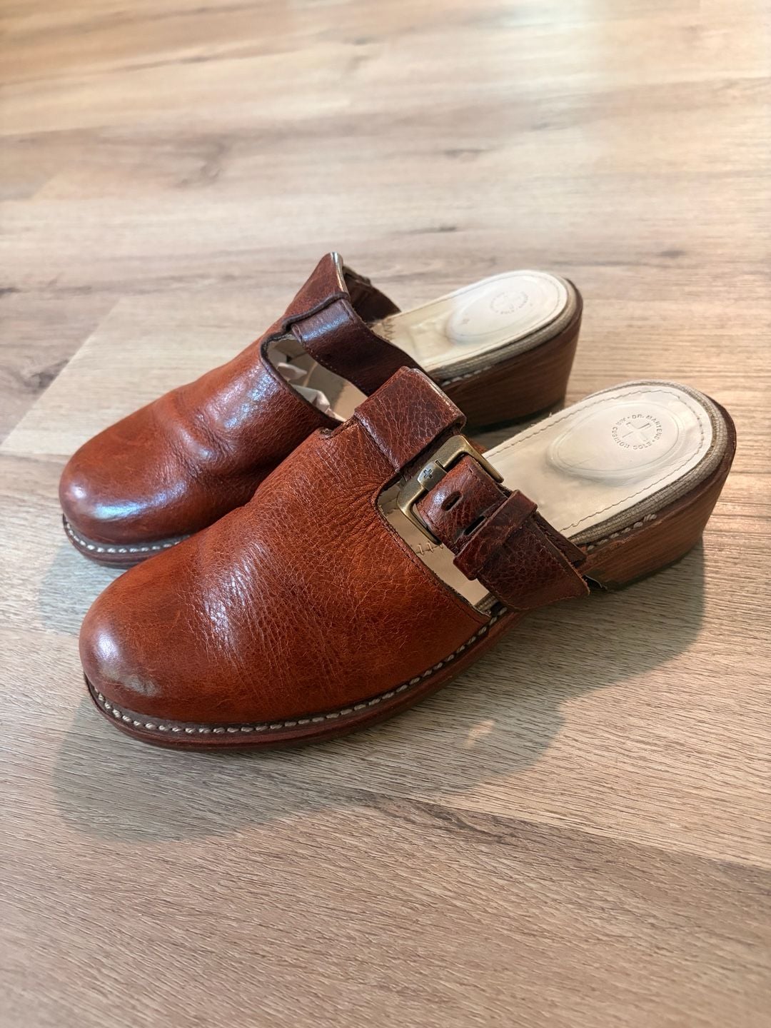 Dr. Martens Vintage Brown Leather Buckle Wedge Mules Clogs 2