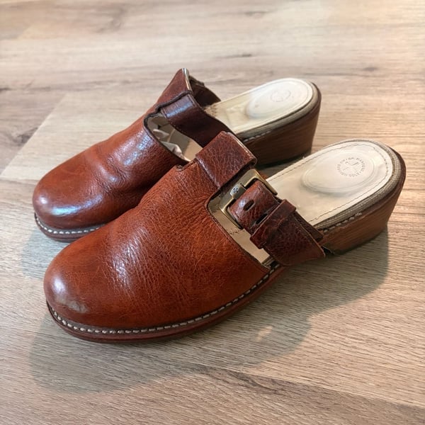 Dr. Martens Vintage Brown Leather Buckle Wedge Mules Clogs