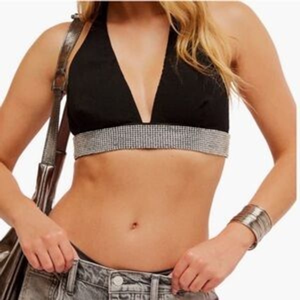 Free People Of The Moment Rhinestone Embellished Halter Bralette Top