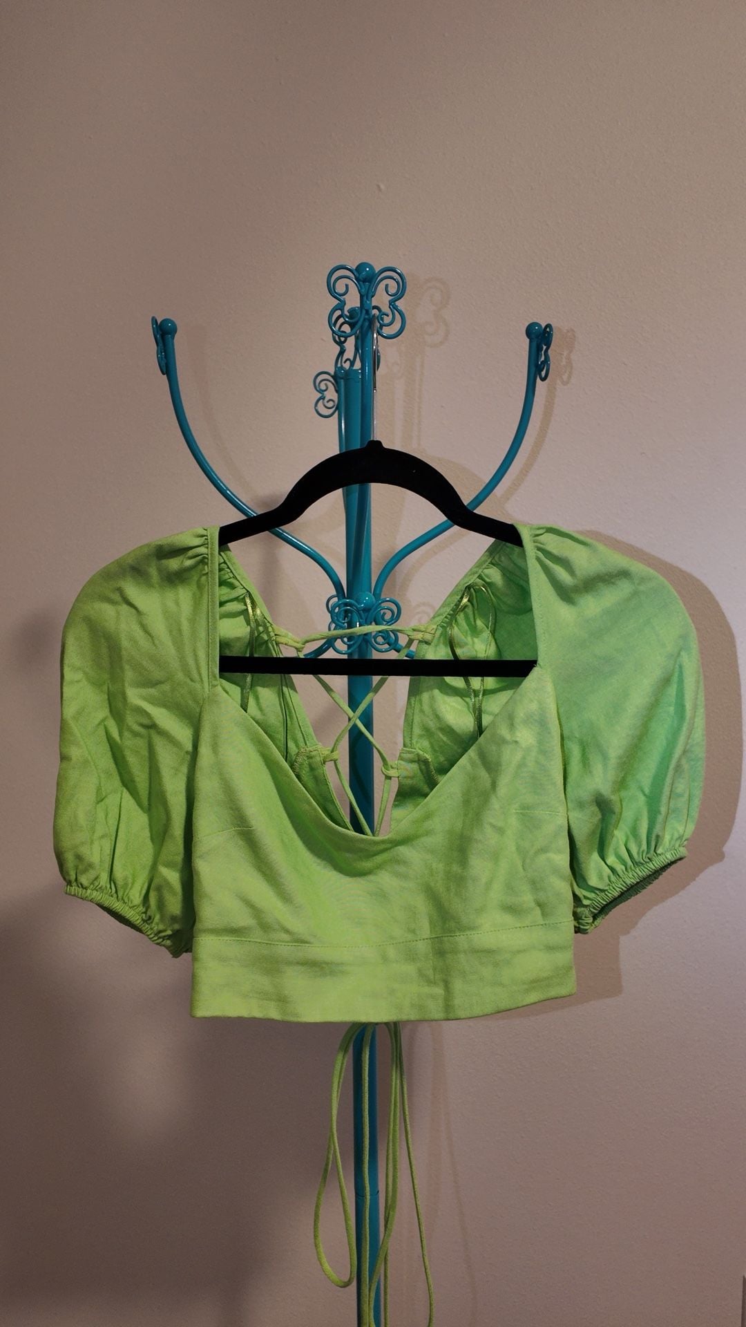Bershka Lime Green Puff Sleeve Lace-Up Back Crop Top – Size M 1