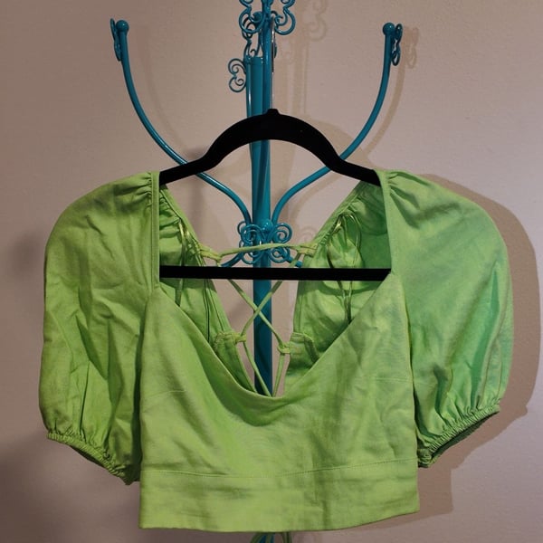 Bershka Lime Green Puff Sleeve Lace-Up Back Crop Top – Size M