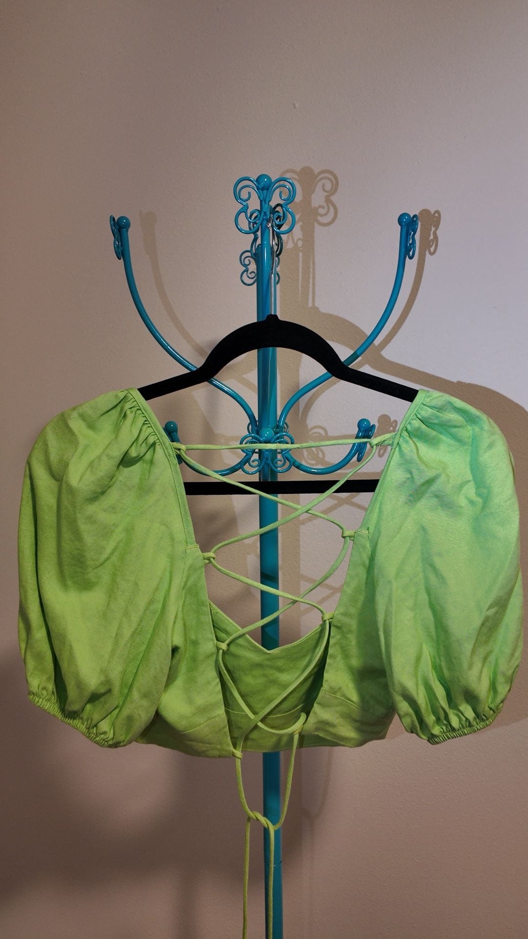 Bershka Lime Green Puff Sleeve Lace-Up Back Crop Top – Size M 2