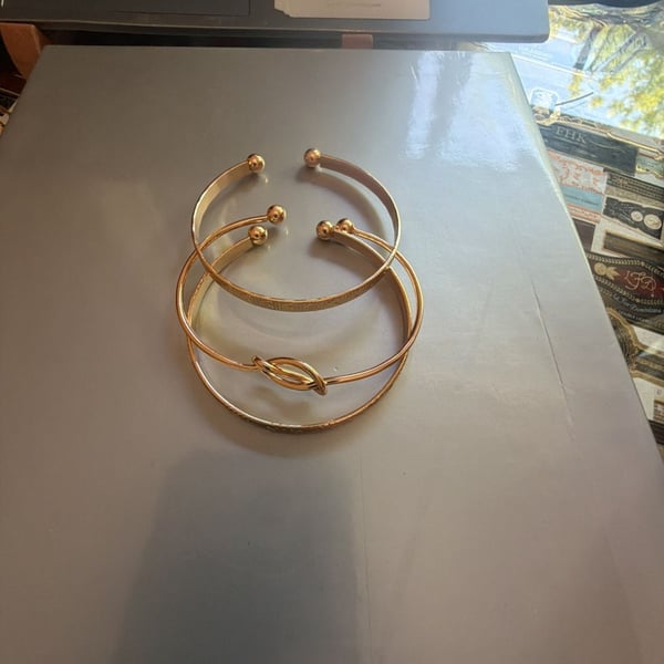 Set of 3 Geometric Engraved and Knot Gold-Tone Open Cuff Bangles