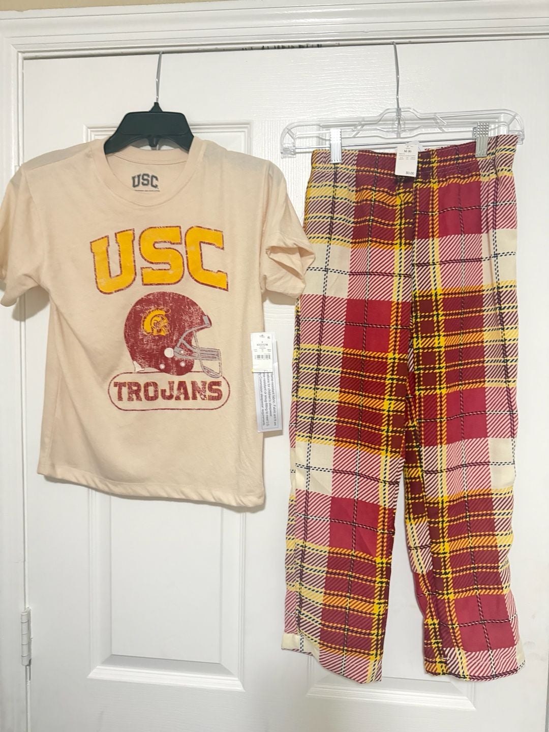 USC Trojans T-Shirt and Plaid Pajama Pants 2-Piece Set size 8-10 1