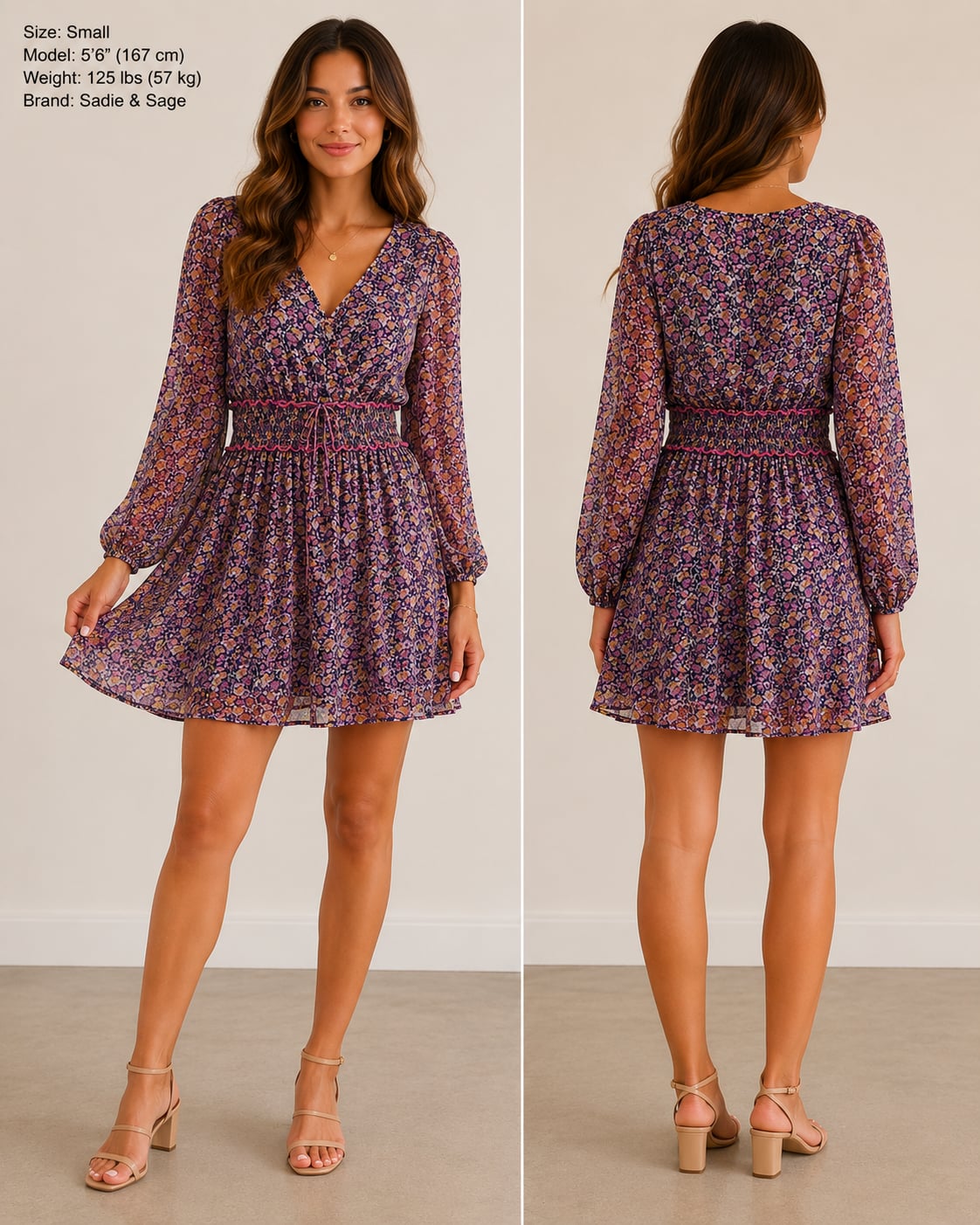 Sadie & Sage Long Sleeve Floral V-Neck Smocked Waist Mini Dress 2