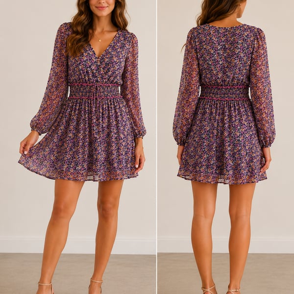 Sadie & Sage Long Sleeve Floral V-Neck Smocked Waist Mini Dress