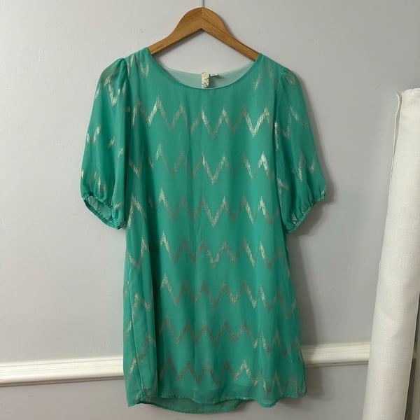 Green and Gold Metallic Chevron Shift Dress with Puff Sleeves