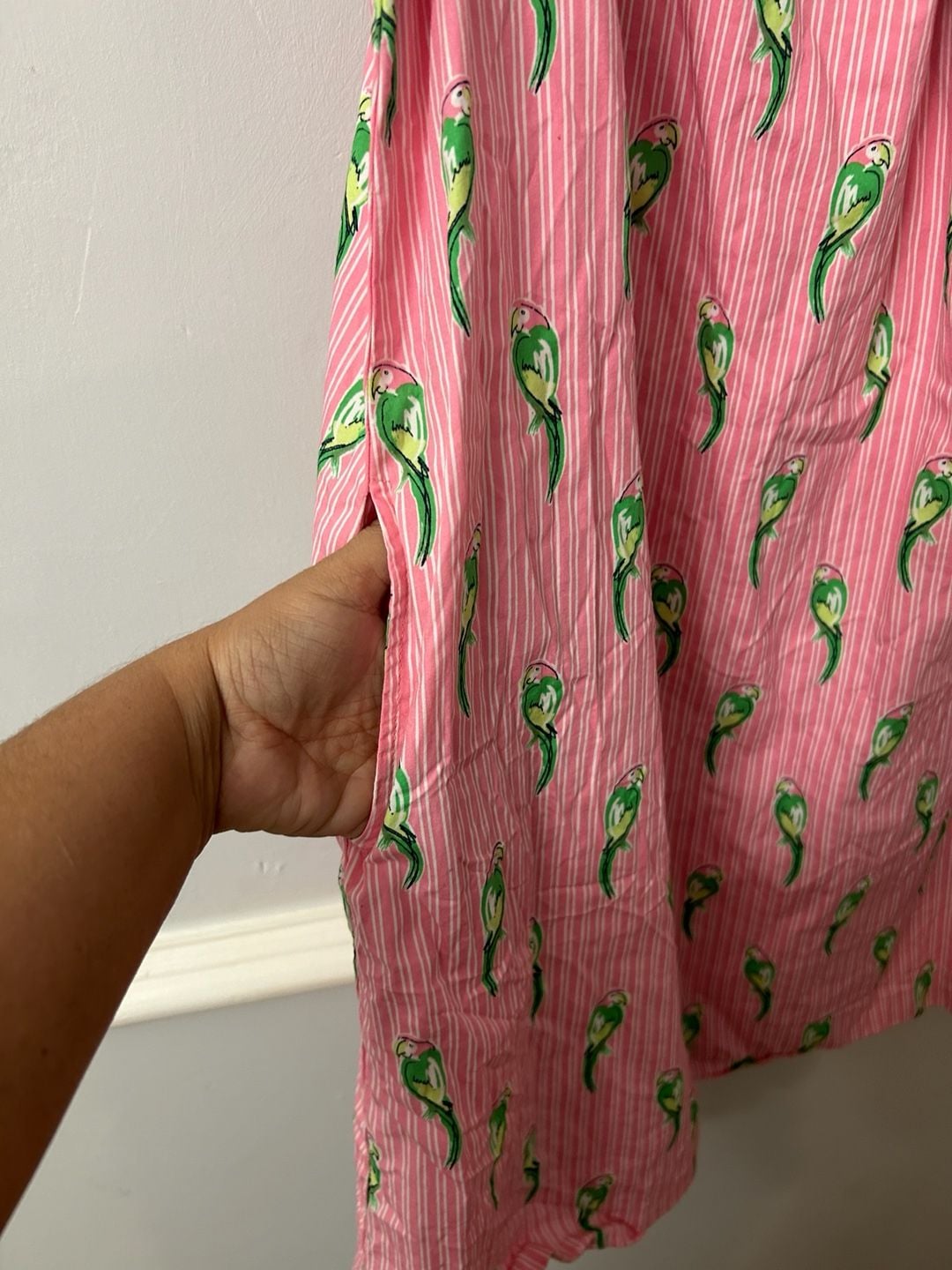 Crown & Ivy Women's Pink Striped Parrot Print Cold Shoulder Ruffle Dress with Pockets 3