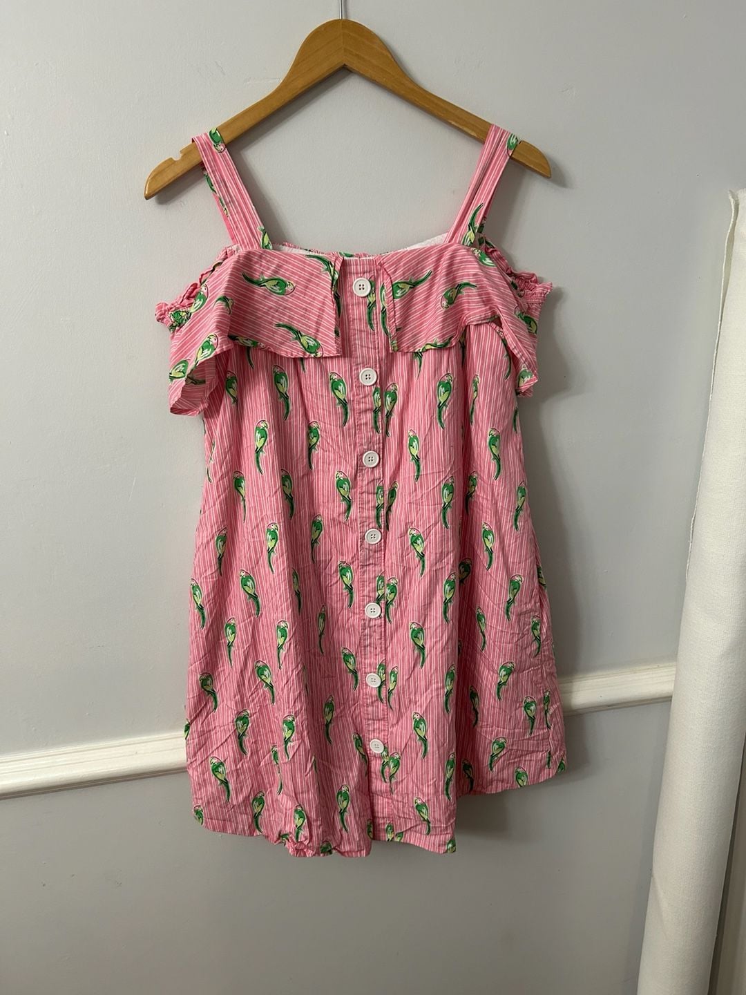 Crown & Ivy Women's Pink Striped Parrot Print Cold Shoulder Ruffle Dress with Pockets 5