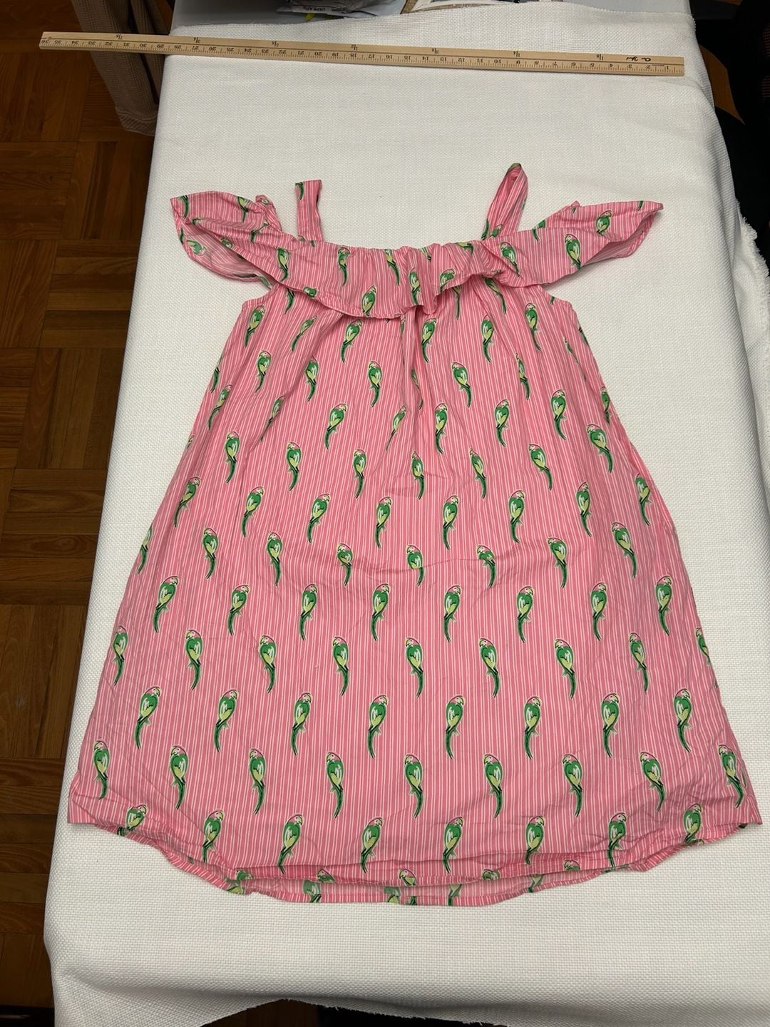 Crown & Ivy Women's Pink Striped Parrot Print Cold Shoulder Ruffle Dress with Pockets 8