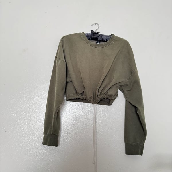 Olive Green Drawstring Hem Cropped Crewneck Sweatshirt