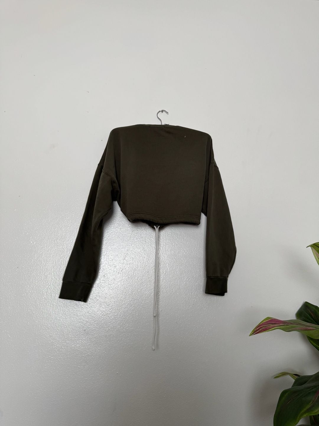Olive Green Drawstring Hem Cropped Crewneck Sweatshirt 13