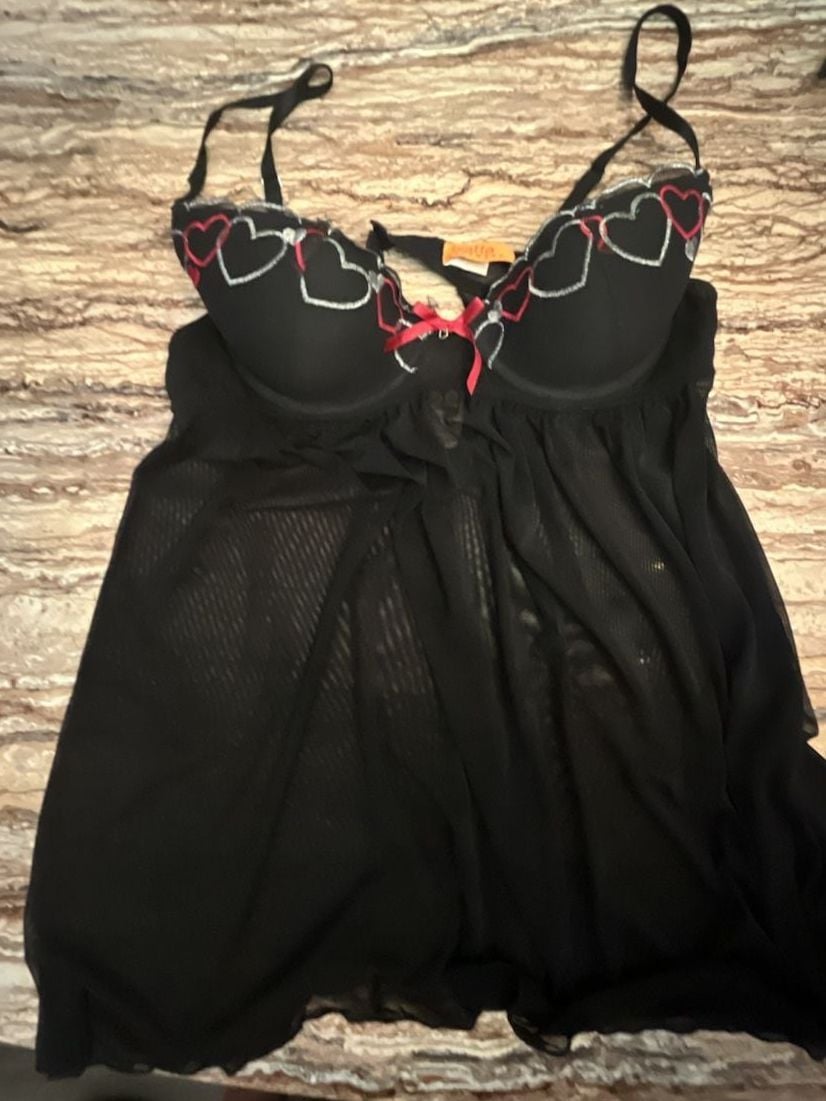 Biatta Sheer Black Babydoll Lingerie with Embroidered Hearts 1