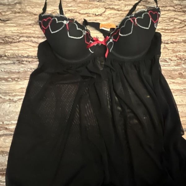 Biatta Sheer Black Babydoll Lingerie with Embroidered Hearts