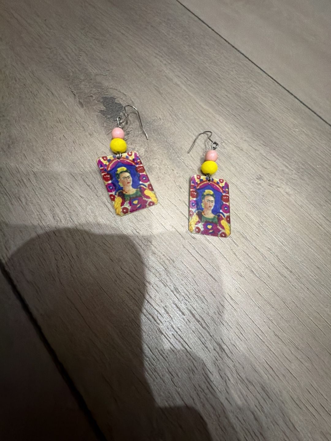 Frida Kahlo Portrait Dangle Earrings with Pink and Yellow Bead Accents 1