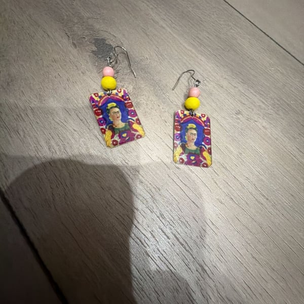 Frida Kahlo Portrait Dangle Earrings with Pink and Yellow Bead Accents