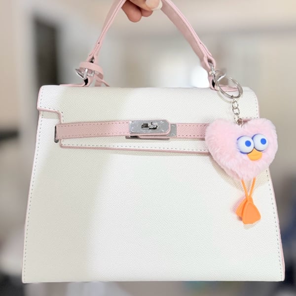 Unbranded Faux Leather Mini Kelly Style Top-Handle Handbag with Pink and White Trim and Plush Bird Charm