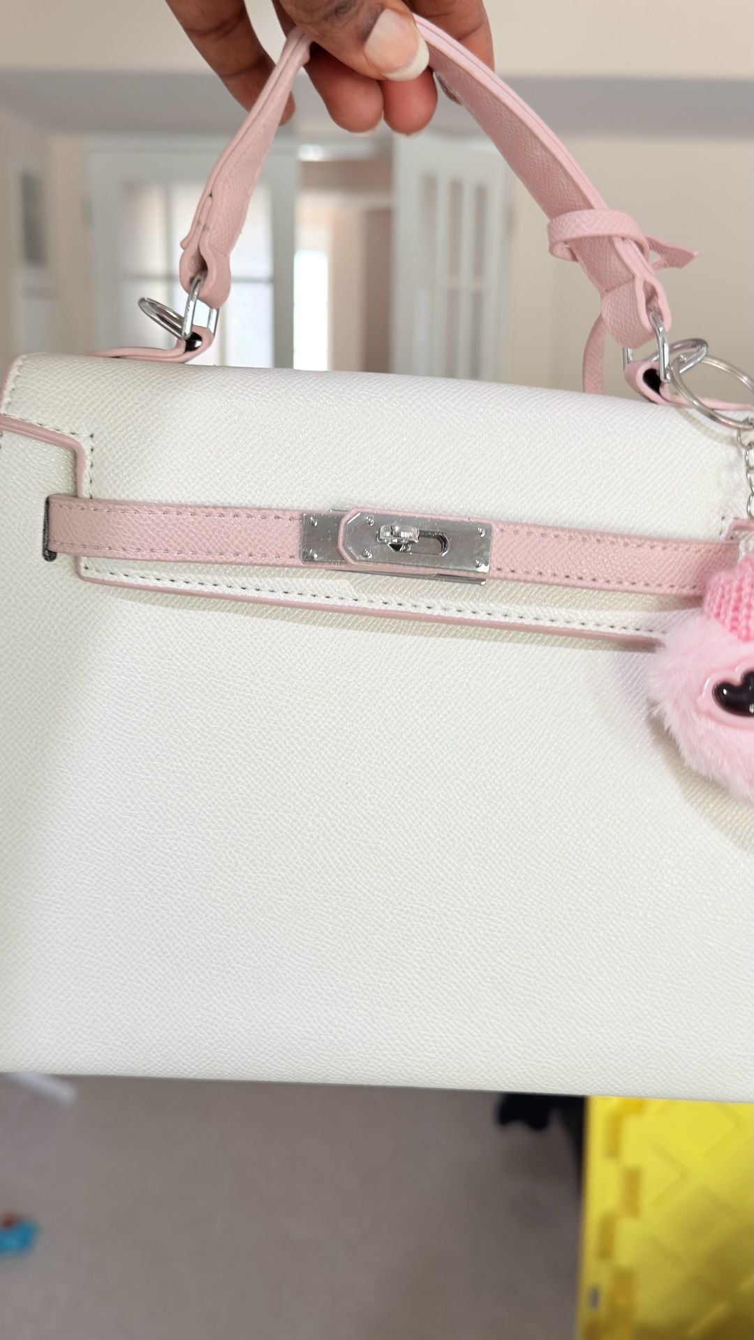 Unbranded Faux Leather Mini Kelly Style Top-Handle Handbag with Pink and White Trim and Plush Bird Charm 7