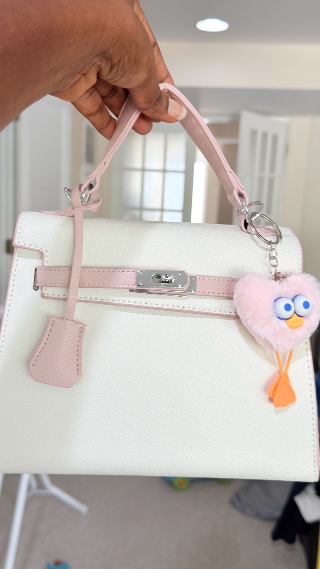 Unbranded Faux Leather Mini Kelly Style Top-Handle Handbag with Pink and White Trim and Plush Bird Charm 8