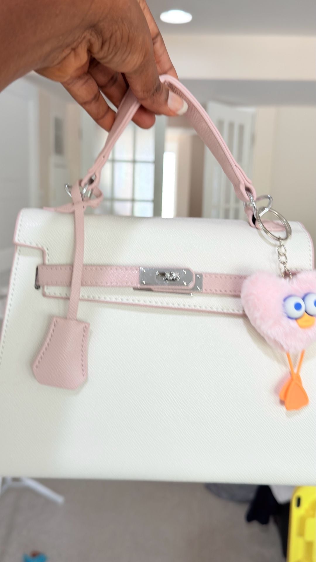 Unbranded Faux Leather Mini Kelly Style Top-Handle Handbag with Pink and White Trim and Plush Bird Charm 9