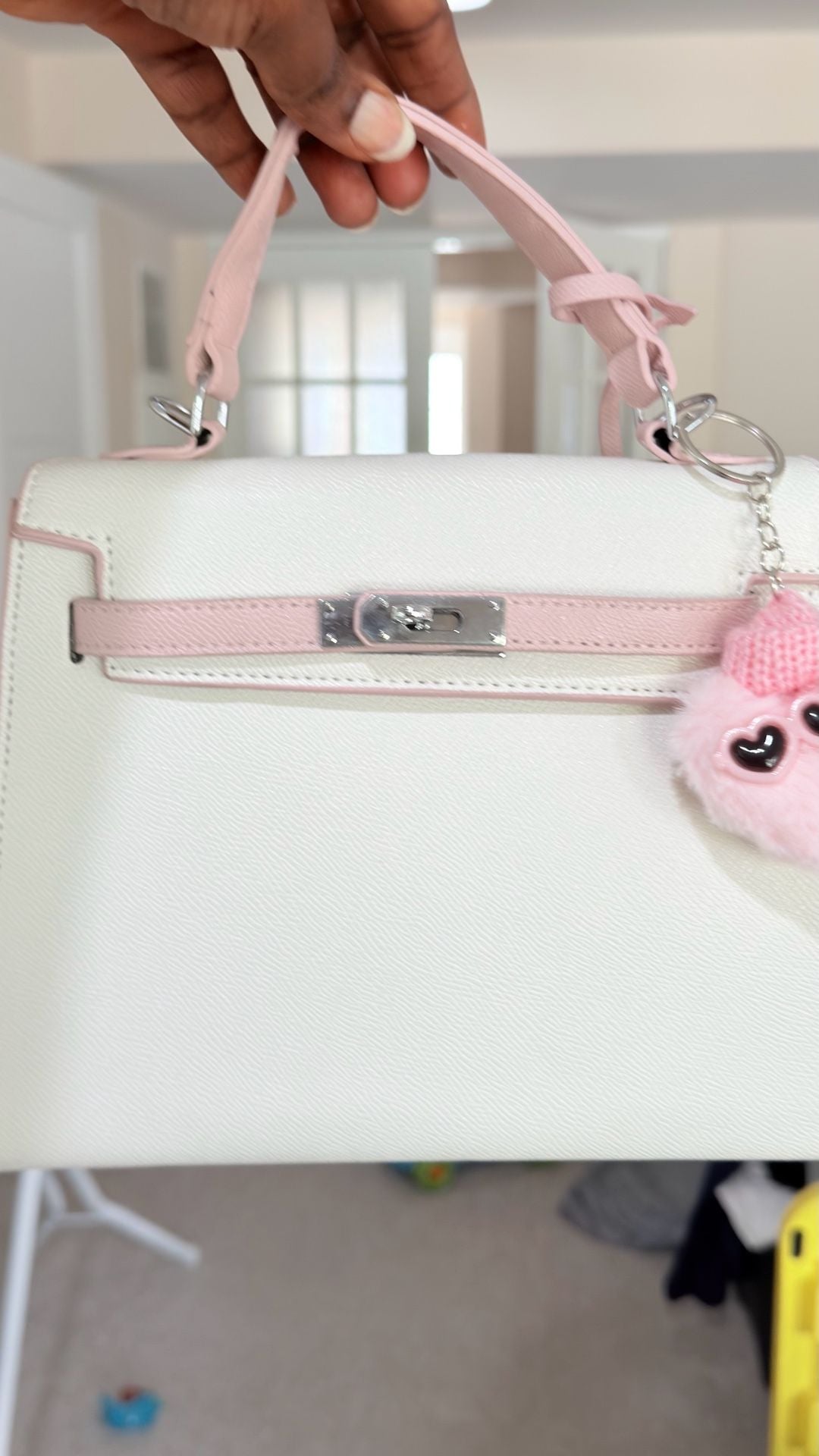 Unbranded Faux Leather Mini Kelly Style Top-Handle Handbag with Pink and White Trim and Plush Bird Charm 10