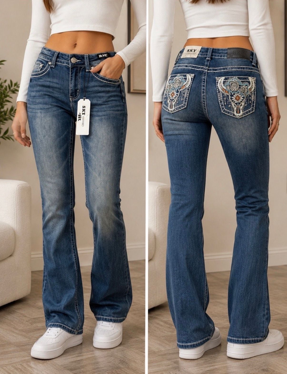 SKY Premium Collection Women's Embellished Pocket Bootcut Jeans 1