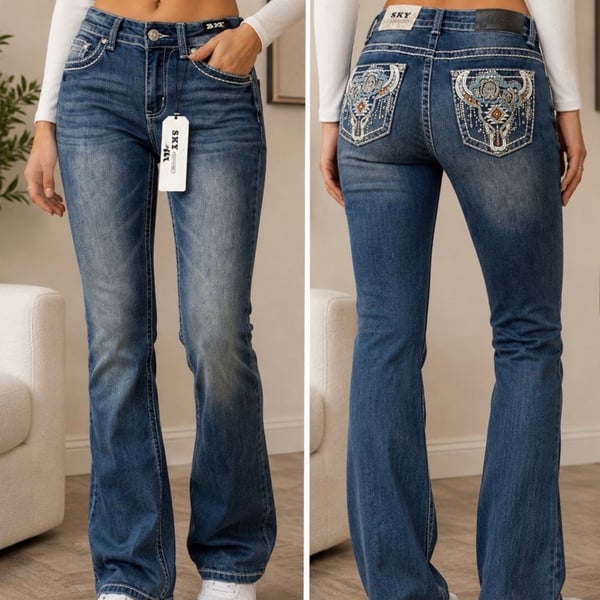 SKY Premium Collection Women's Embellished Pocket Bootcut Jeans