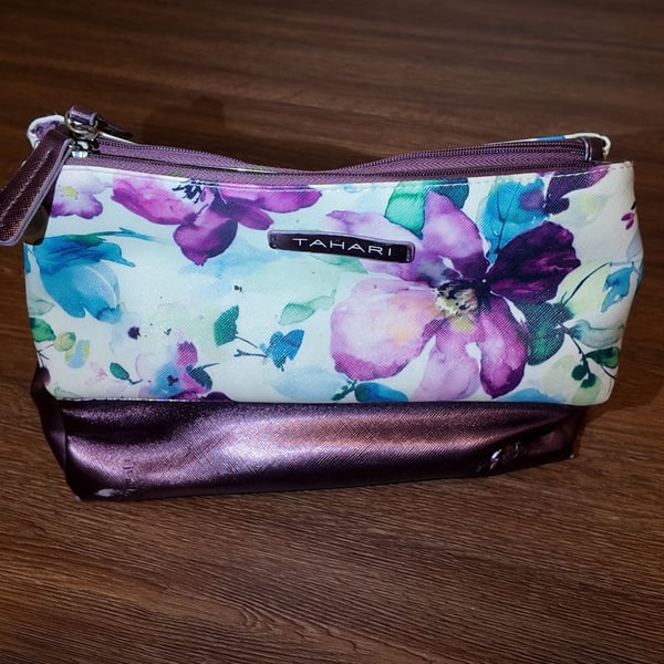 Tahari Floral & Metallic Purple Tri-Fold Travel Makeup Bag / Cosmetic Organizer